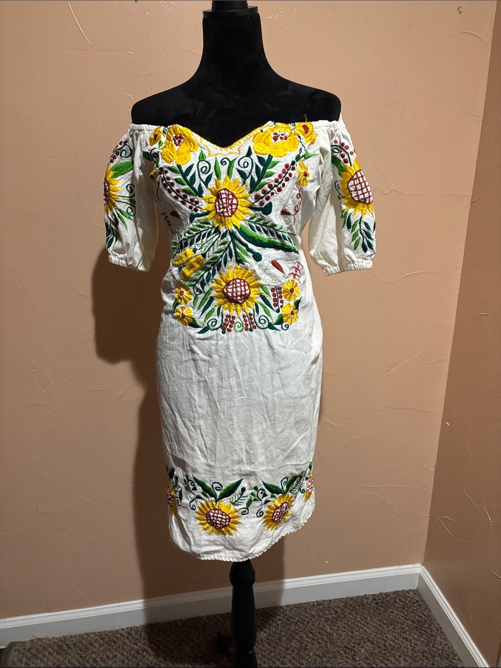 White Off-Shoulder Sunflower Embroidered Midi Dress